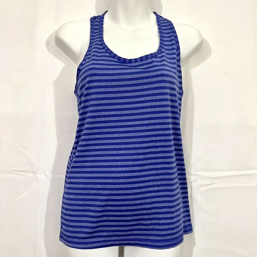 Danskin Medium Blue Striped Tank Top Athletic Activewear Stretch Dri More 0659